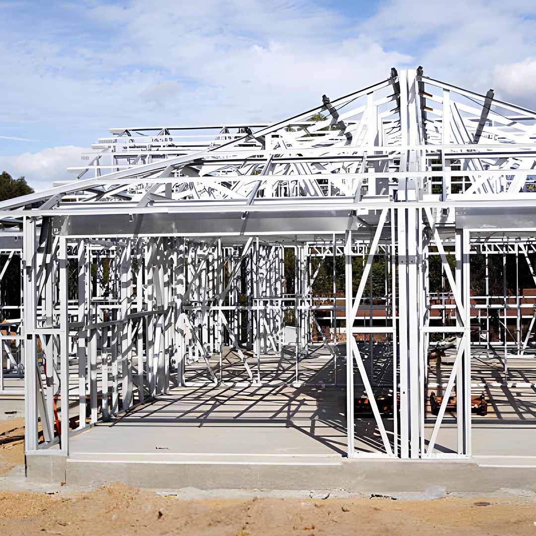 Prefabricated light steel framing installation in Doha, demonstrating rapid construction techniques used in United Arab Emirates and Abu Dhabi.