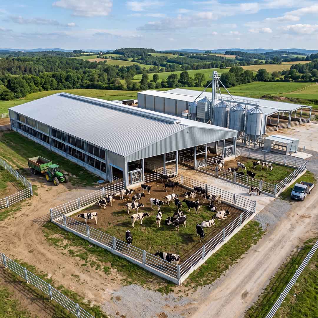Durable and modern steel farming facility and agricultural building built by NEX Steel Group.