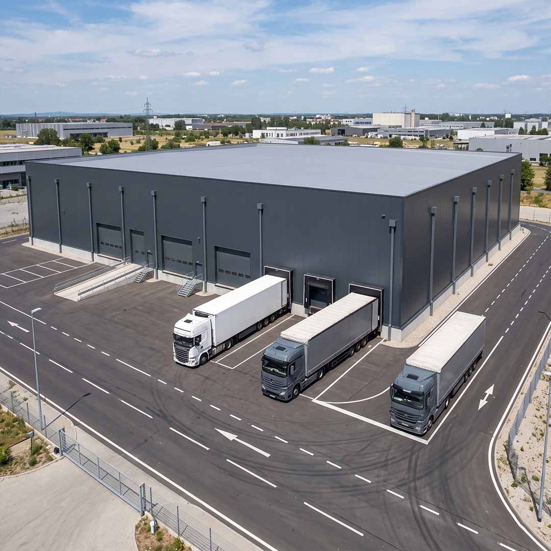 Modern steel warehouse and logistics facility with anthracite sandwich panels, built by NEX Steel Group